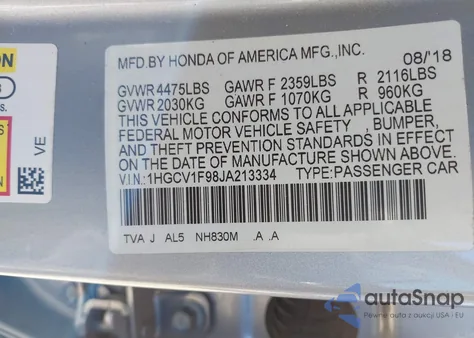 2018 Honda Accord Touring z USA, uszkodzony, nr VIN 1HGCV1F98JA213334